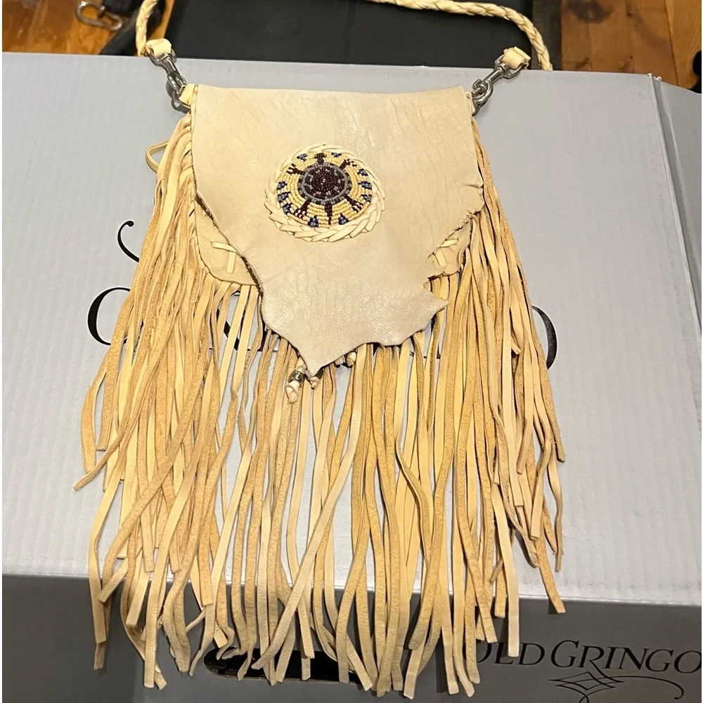 Buttery soft deerskin handmade Native American beaded fringe crossbody bag EUC_4